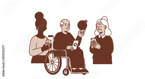 Diverse group of people with disabilities and elderly interacting socially with technology