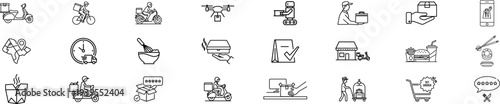Delivery and logistics line icons set including courier service food delivery shipping package tracking drone delivery scooter transport online order minimal outline vector illustration collection
