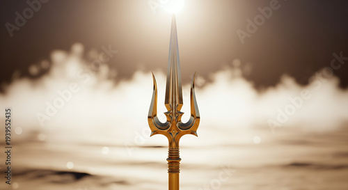 Agni Nakshatram, A majestic golden Vel (divine spear) standing vertically amidst shimmering heat haze, desert landscape background with bokeh effect
