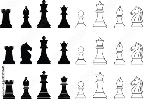 Chess pieces icon collection, king queen rook bishop knight pawn silhouettes and outlines, strategy board game vector illustration set