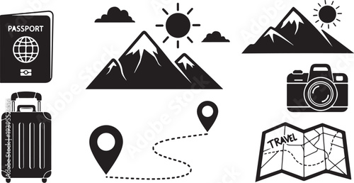 Travel and adventure icons in black and white style