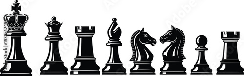 Chess pieces silhouette collection, king queen rook bishop knight pawn strategy board game icons vector illustration set