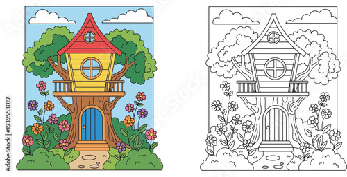 Whimsical treehouse coloring book page with a colored example. Fairy cartoon tree house with flowers and clouds vector illustration and black and white line art.