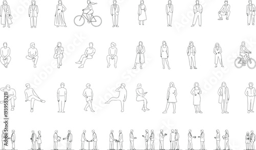 Collection of flat line vector architectural scale people figures in various poses, sitting, standing, walking, and cycling for CAD drawings