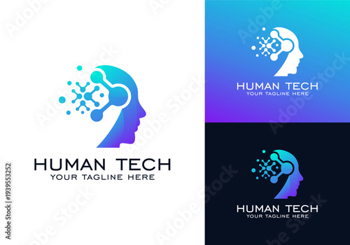 Digital human technology vector logo design template, human brain technology, human mind technology or robot technology.