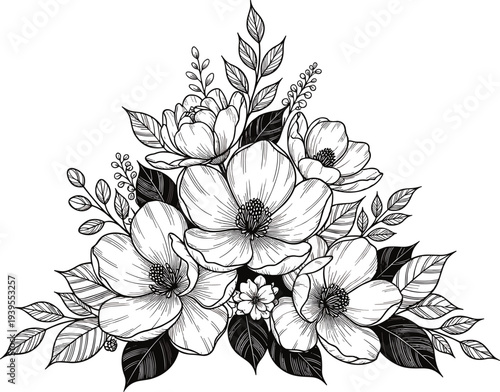 Hand drawn floral bouquet line art illustration with blooming flowers and leaves, elegant botanical outline design for coloring book, tattoo, decoration, and nature themed artwork