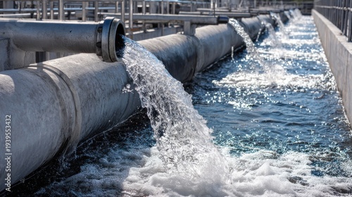 Clean water flowing from pipes into a water treatment basin daytime