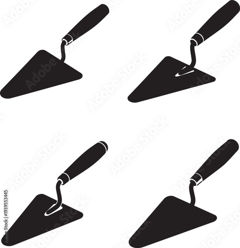 Four black trowels with handles in silhouette style