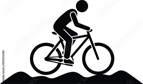 Silhouette of cyclist riding mountain bike over rough terrain hills, outdoor adventure sports illustration 
