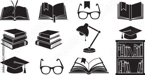 Education icons set with books, glasses, and graduation cap
