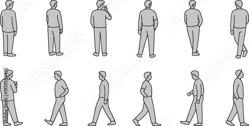 Collection of flat vector illustrations of men in casual clothes standing walking and using phones from different angles and views