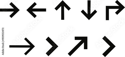 Black minimalist vector graphic illustration set featuring various simple direction signs including straight right left up down and corner indicators for navigation design elements