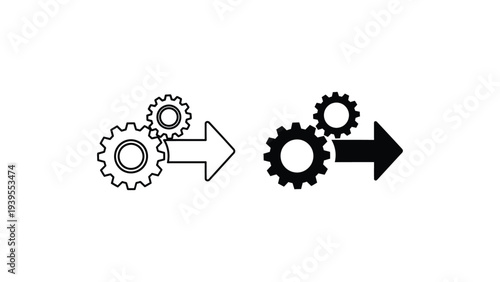 Gears Transformation Process in Simple Line Art with Black and White Color Scheme on White Background for Business Infographics