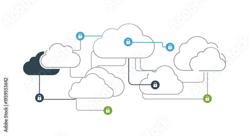 Abstract network of interconnected clouds with security icons, representing cloud computing and data security.