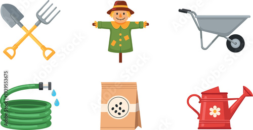 Gardening tools vector set shovel fork scarecrow wheelbarrow hose seeds watering can agriculture equipment illustration