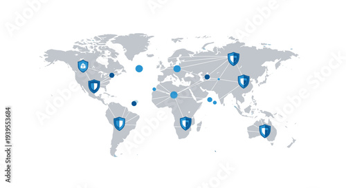 Global network security concept with shields on a world map, representing data protection and cybersecurity.