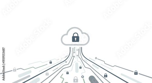 Cloud security concept with digital data streams and padlock icons, representing data protection and cybersecurity in the digital age.