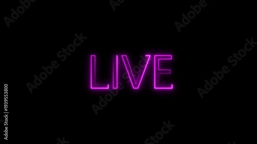 Glowing Neon Purple  LIVE Text Sign with Retro Glitch Flicker Effect on Black Background for Social Media Streaming, Broadcast Content, and Digital Marketing Backdrop