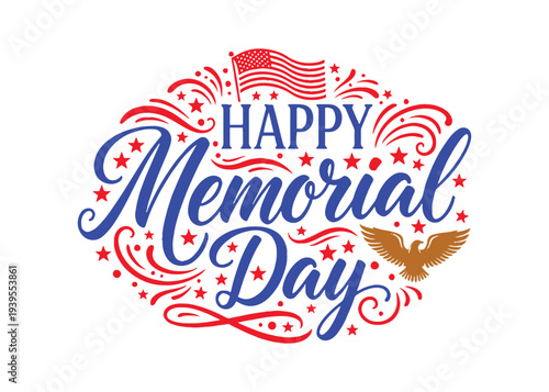 Elegant Happy Memorial Day lettering with calligraphy style on white. Patriotic USA typography vector illustration.