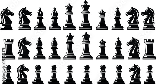 Chess pieces silhouettes collection, king queen rook bishop knight and pawn board game icons isolated on white background vector