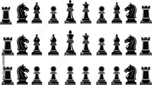 Chess pieces silhouettes set, king queen rook bishop knight pawn board game icons isolated on white background vector