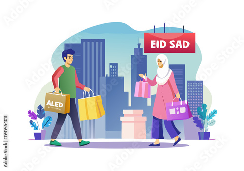 Muslim Couple Shopping for Eid Sale Vector Illustration