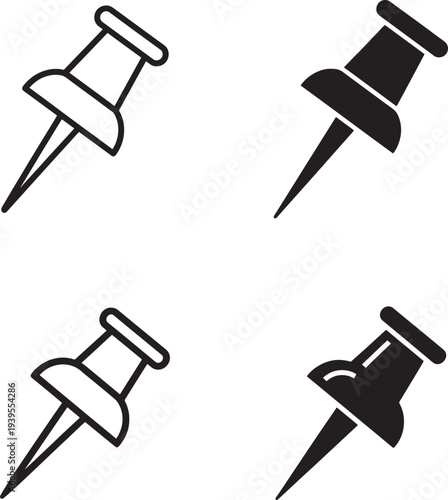 Four black push pin icons in silhouette and line art style