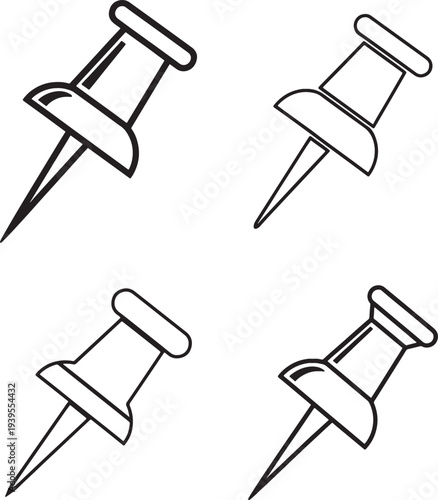 Four push pins in line art style