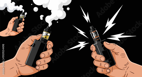 Vector illustration of hands holding electronic cigarettes, one vaping with smoke and another with electric sparks, on a black background, depicting the dangers and use of e-cigarettes.
