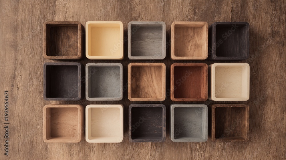 Fototapeta premium Wooden boxes displaying various shades and colors on a brown surface