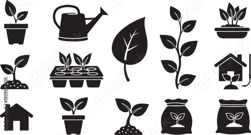 Gardening icons and plants in black and white style