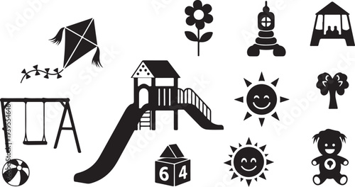 Playground icons and childhood symbols in black and white