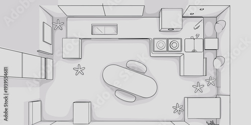 Floor, plan, kitchen, dining, room, table, chair, counter, sink, stove, refrigerator, cabinet, decor, rug, light, vector, illustration, interior, design, modern, layout