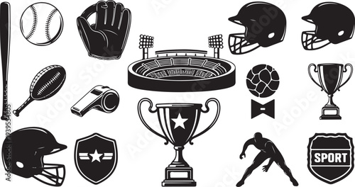 Collection of various sports icons and equipment in black