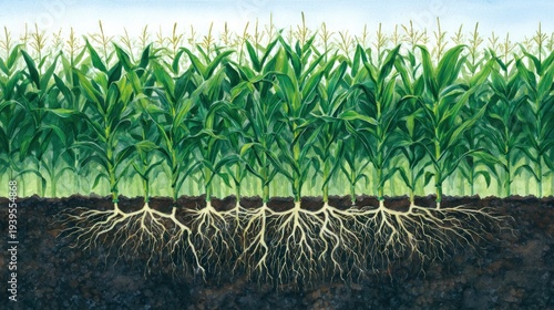 Watercolor illustration of corn plants with roots exposed agricultural concept