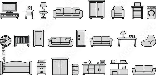 Furniture, household, appliance, icon, sofa, chair, bed, wardrobe, table, lamp, television, washing, machine, vector, illustration, pattern, design, layout, background, interior, decor