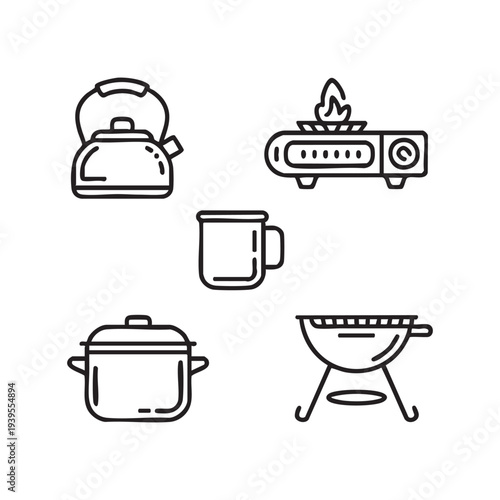 Five black and white kitchen appliances and utensils toaster coffee maker