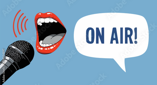 On Air Broadcast Vector Illustration with Open Mouth Speaking into Microphone and Speech Bubble for Live Radio Show or Podcast