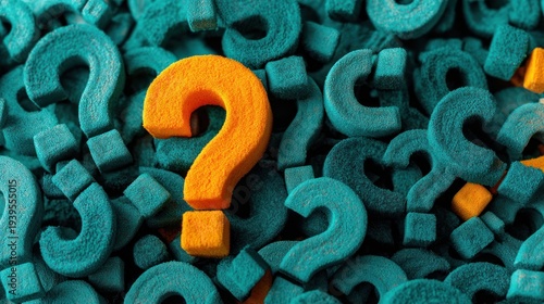 Orange question mark among teal question marks