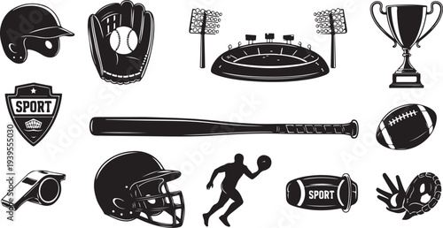 Sports equipment and accessories icons in black and white