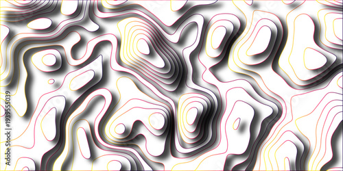 Abstract topographic map style background with vibrant layered contour lines in yellow pink and purple casting shadows on a white surface