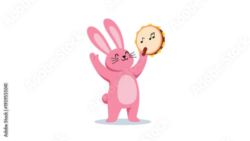 Cheerful pink rabbit stands on its hind legs while joyfully playing a wooden tambourine with musical notes in the background.