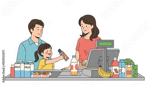 Happy family with a young daughter checking out their groceries at a supermarket counter with a female cashier assisting them.