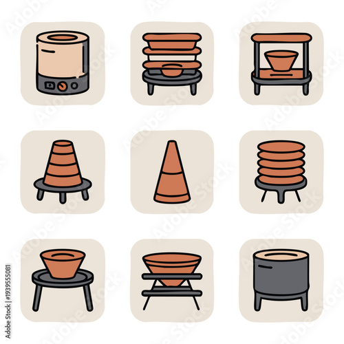 Nine different types of clay ovens and cooking pots on stands in a grid layout nine brown