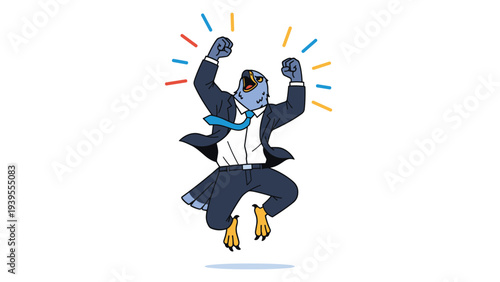 Successful eagle character dressed in a business suit jumps high in the air celebrating a victory or achievement with colorful spark lines.