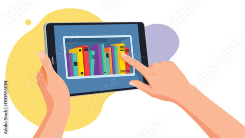 Close-up of hands holding a digital tablet and selecting a book from a virtual library shelf displayed on the modern screen.