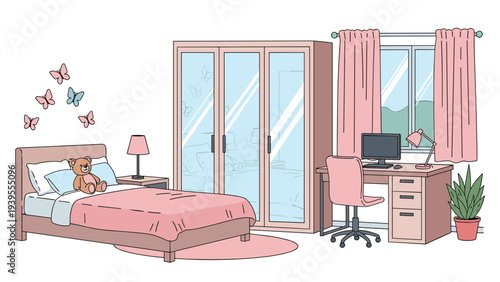 Beautifully decorated girls bedroom featuring a pink bed, wardrobe, study desk, and butterfly wall decorations in a cozy home.
