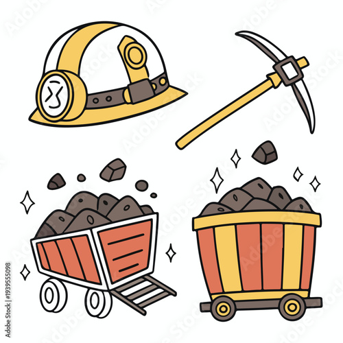A charming, hand-drawn illustration depicts essential mining tools and equipment, exuding a sense of industriousness and resourcefulness.