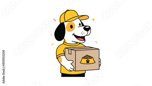 Cute dog courier wearing a yellow hat and shirt delivers a box of premium pet food to customers in this cheerful illustration.