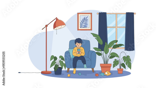 Young boy sits comfortably in a blue armchair in a cozy living room while using a smartphone to play games or watch videos.